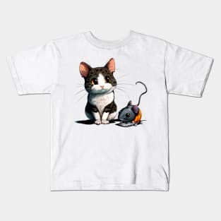 Cats and Mice on the Phone: A Tech-Savvy Feline and Rodent Duo Kids T-Shirt